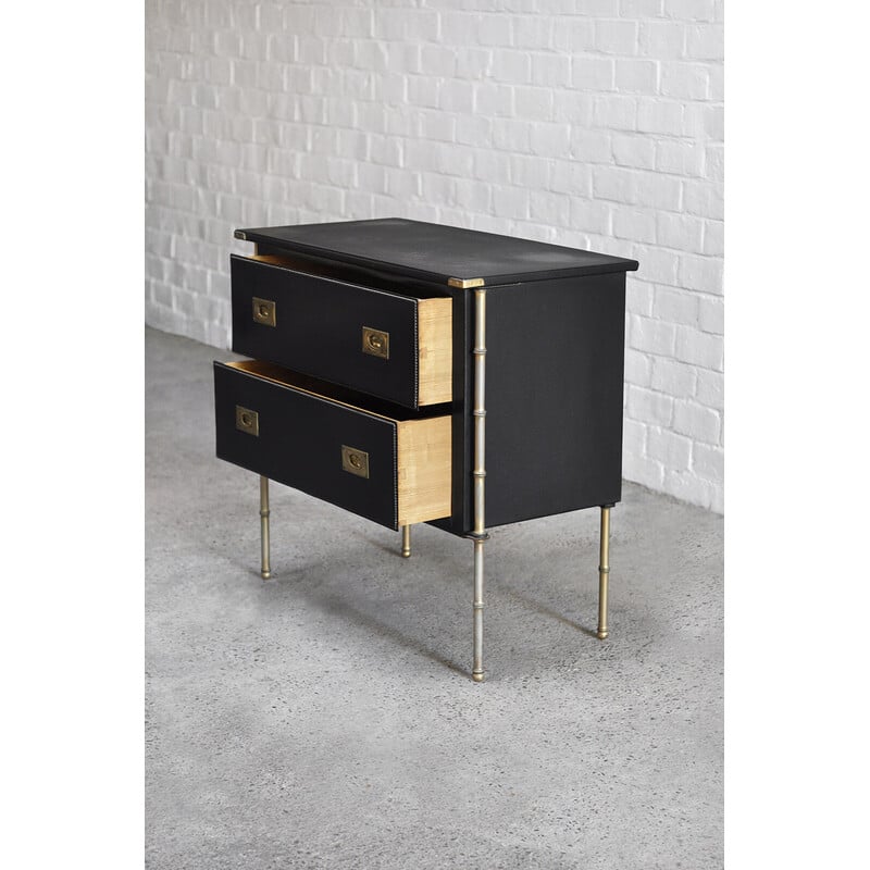 French vintage handstitched leather and brass chest of drawers by Jacques Adnet