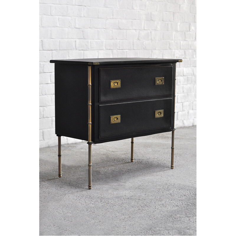 French vintage handstitched leather and brass chest of drawers by Jacques Adnet