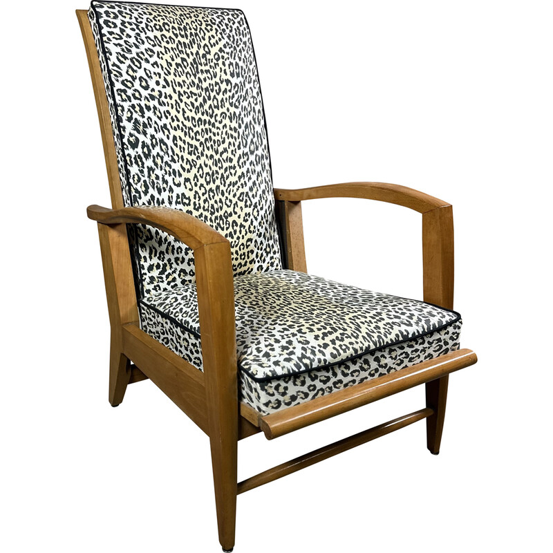 Vintage schommelstoel van beukenhout en bedrukte stof, 1950