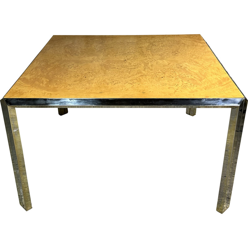 Table carrée vintage italienne en métal moirée et loupe d'orme, 1970