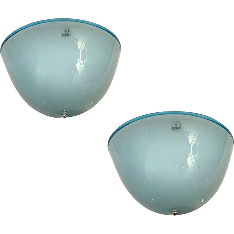 Coppia di lampade da parete vintage in vetro di Murano azzurro, anni '70