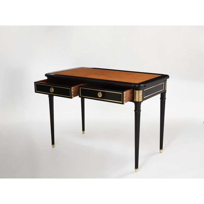 Vintage desk in wood, leather and brass by Maurice Hirsch, 1960