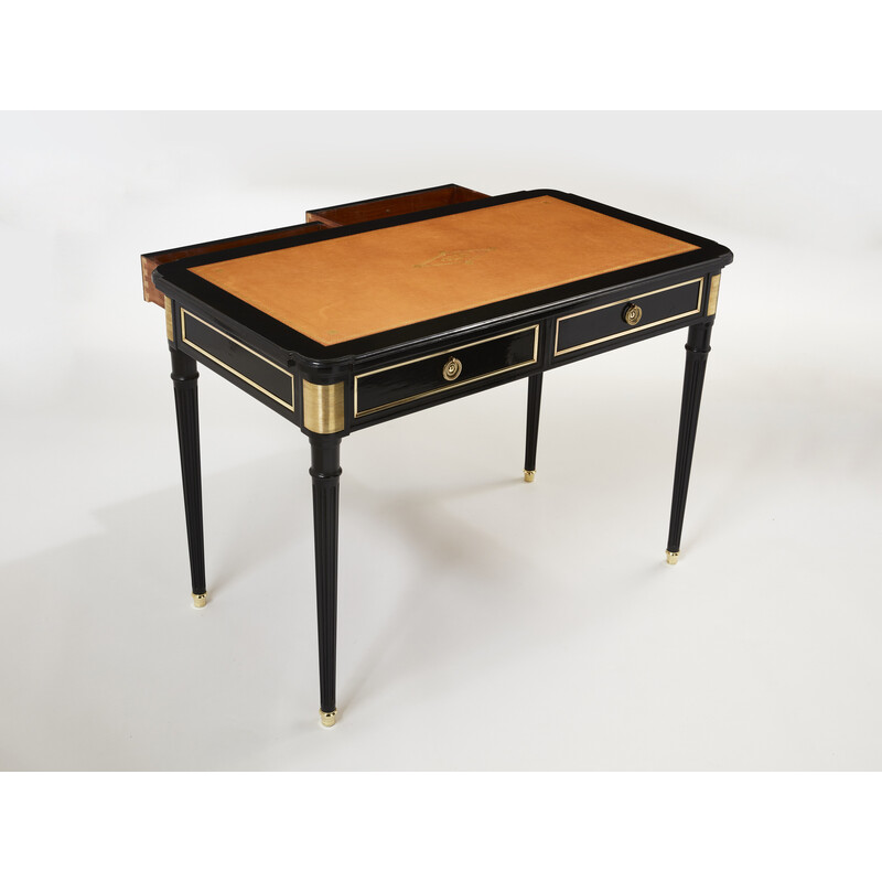 Vintage desk in wood, leather and brass by Maurice Hirsch, 1960