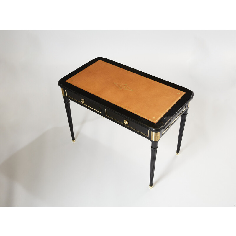 Vintage desk in wood, leather and brass by Maurice Hirsch, 1960
