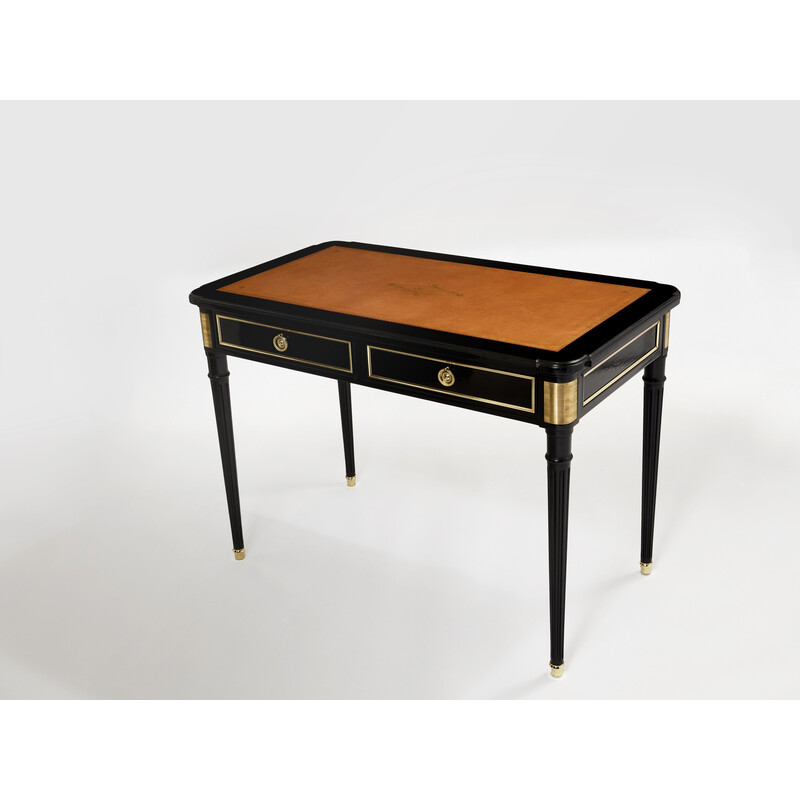 Vintage desk in wood, leather and brass by Maurice Hirsch, 1960