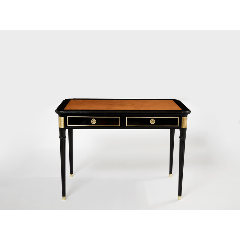 Vintage bureau in hout, leer en messing van Maurice Hirsch, 1960