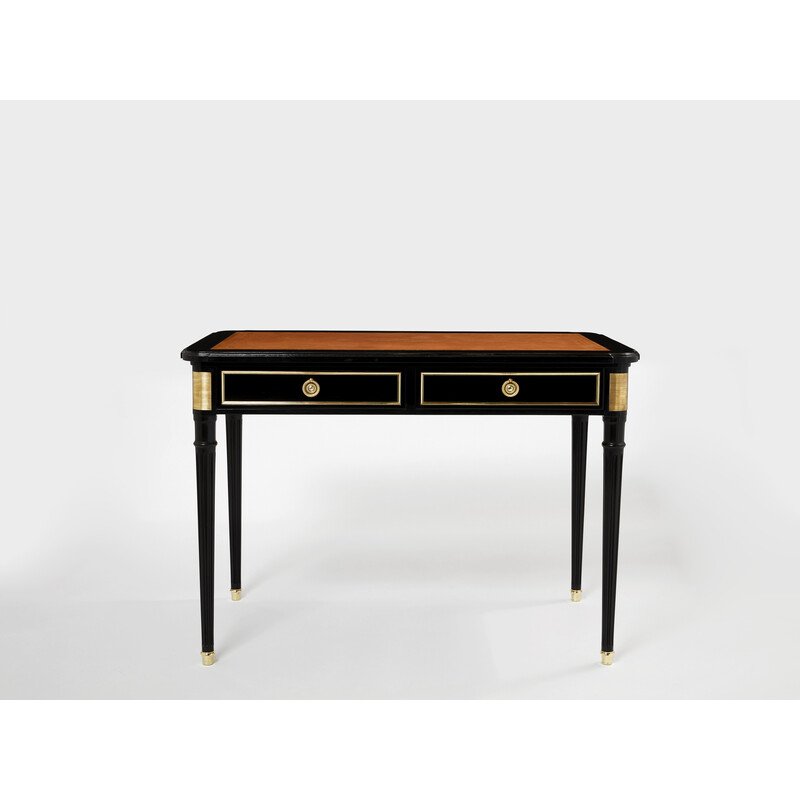 Vintage desk in wood, leather and brass by Maurice Hirsch, 1960