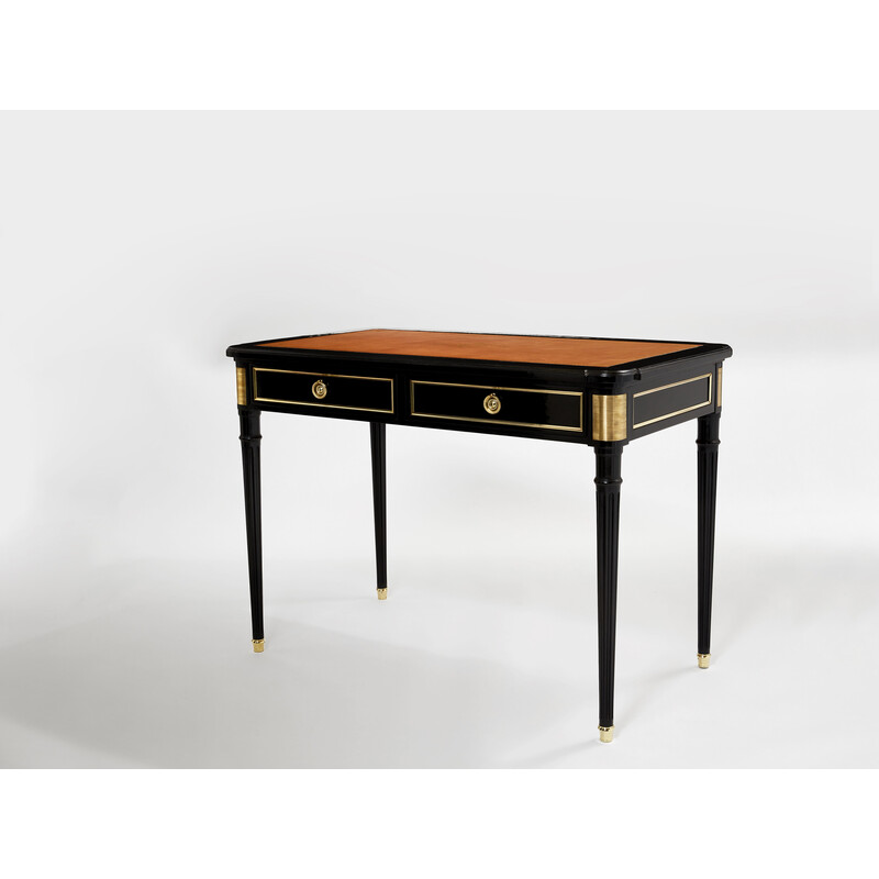 Vintage desk in wood, leather and brass by Maurice Hirsch, 1960