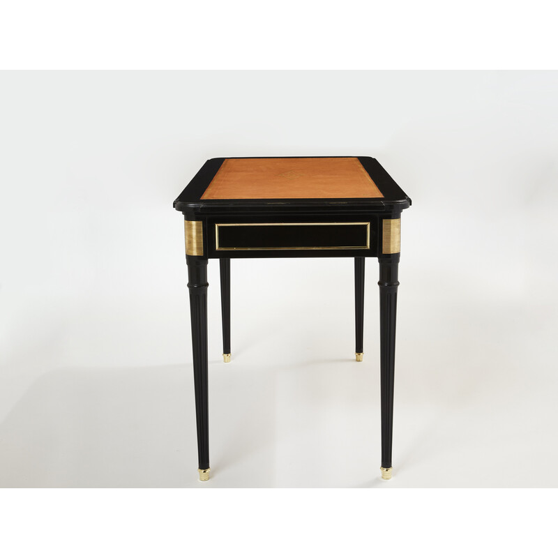 Vintage bureau in hout, leer en messing van Maurice Hirsch, 1960