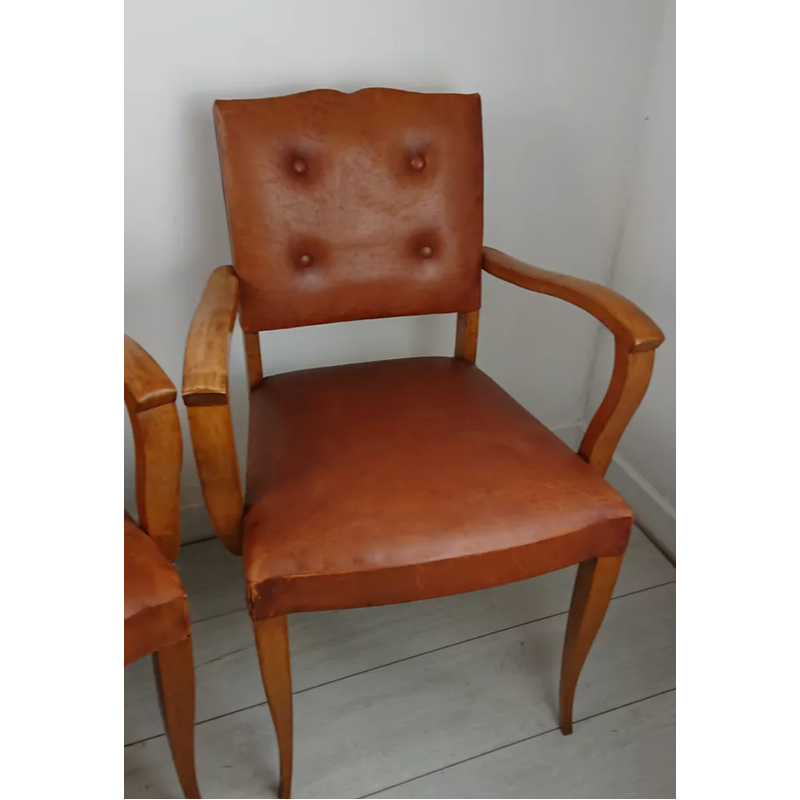 Paar vintage bruin lederen fauteuils, Frankrijk 1950