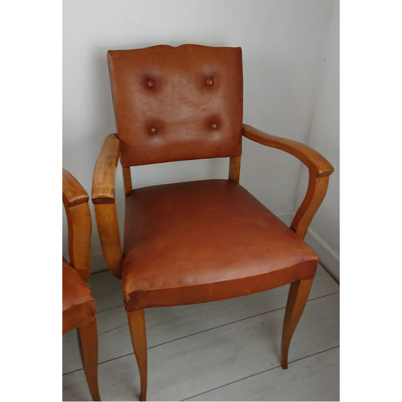 Pareja de sillones vintage de cuero marrón, Francia 1950
