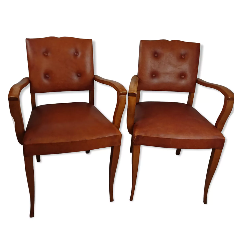 Paar vintage bruin lederen fauteuils, Frankrijk 1950