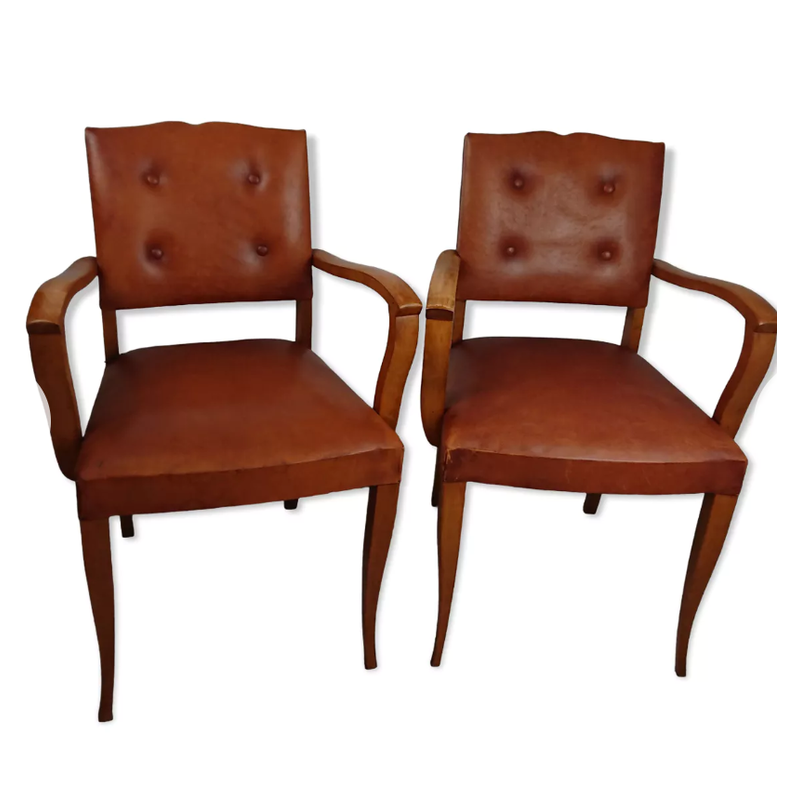 Pair of vintage brown leather armchairs, France 1950