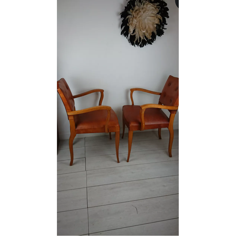 Pair of vintage brown leather armchairs, France 1950