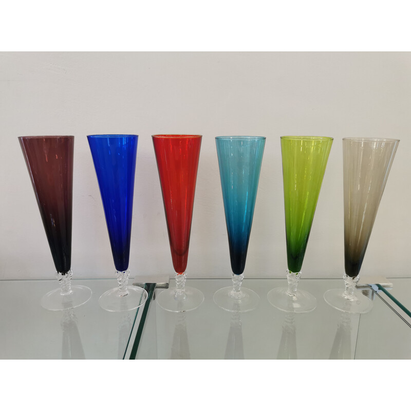 Set of 6 vintage Murano glass champagne flutes, 1960