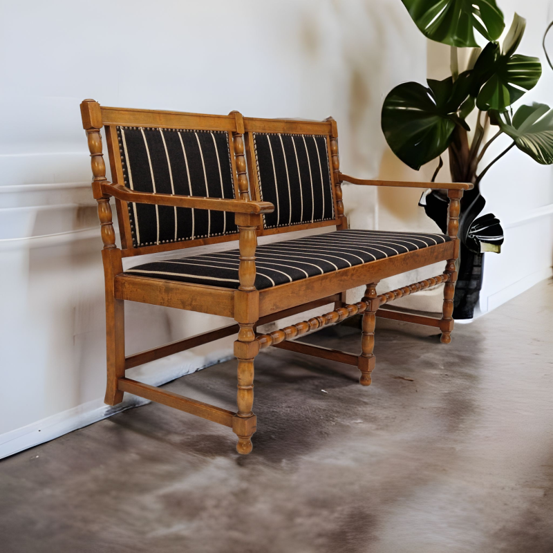 Banco-sofá escandinavo vintage en madera de fresno y lana, años 50