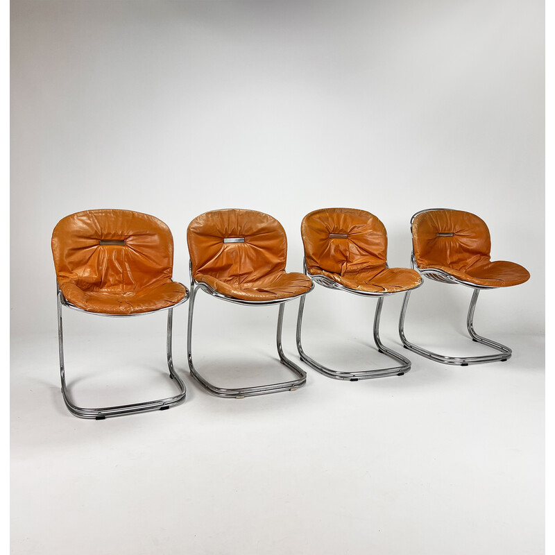 Vintage cognac leather Pascale chairs by Gastone Rinaldi for Thema, 1970s