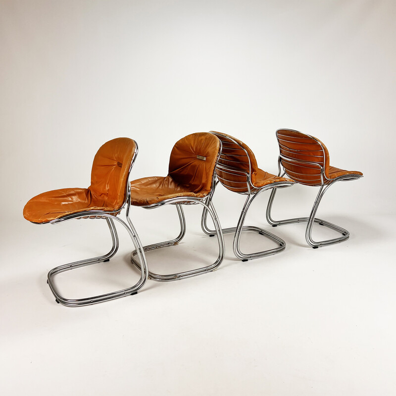 Vintage cognac leather Pascale chairs by Gastone Rinaldi for Thema, 1970s