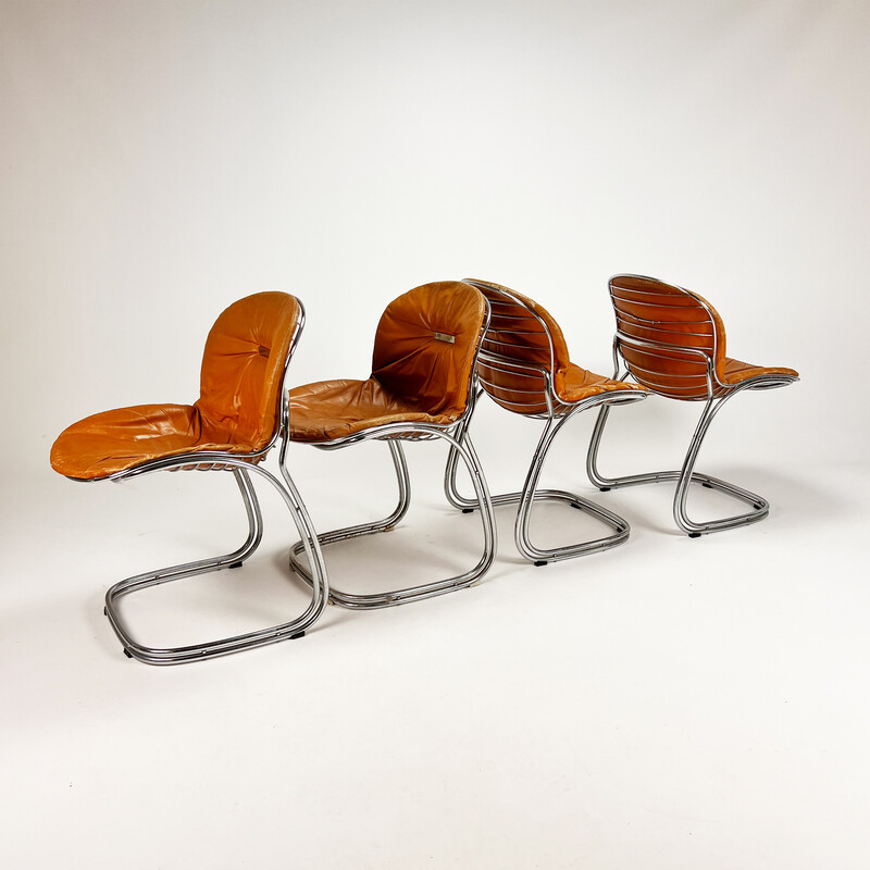 Vintage cognac leather Pascale chairs by Gastone Rinaldi for Thema, 1970s