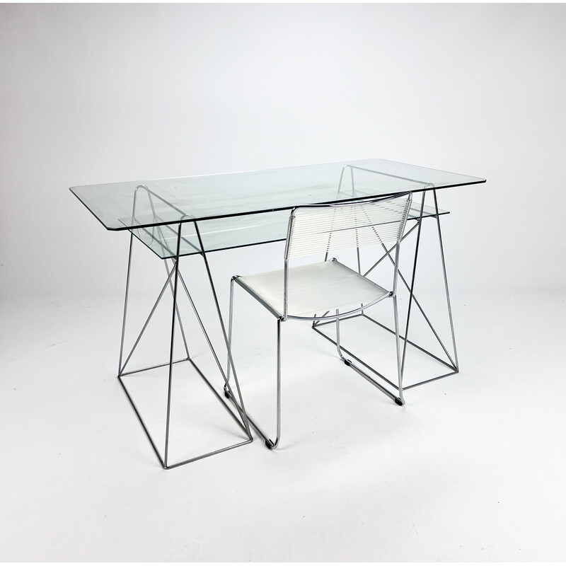 Scrivania vintage minimalista in acciaio e vetro, anni '80