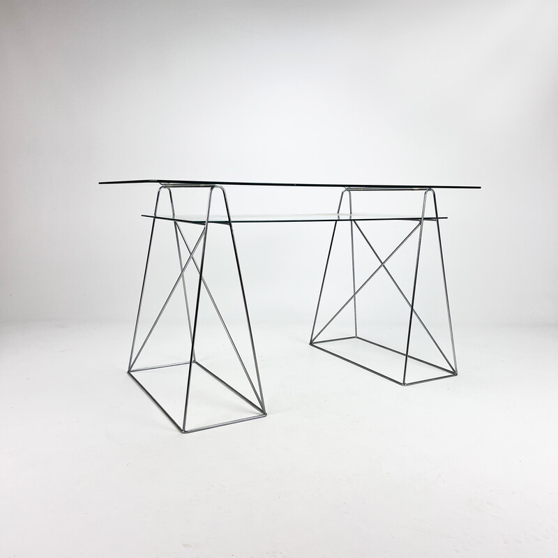 Vintage minimalistisch bureau van staal en glas, jaren '80