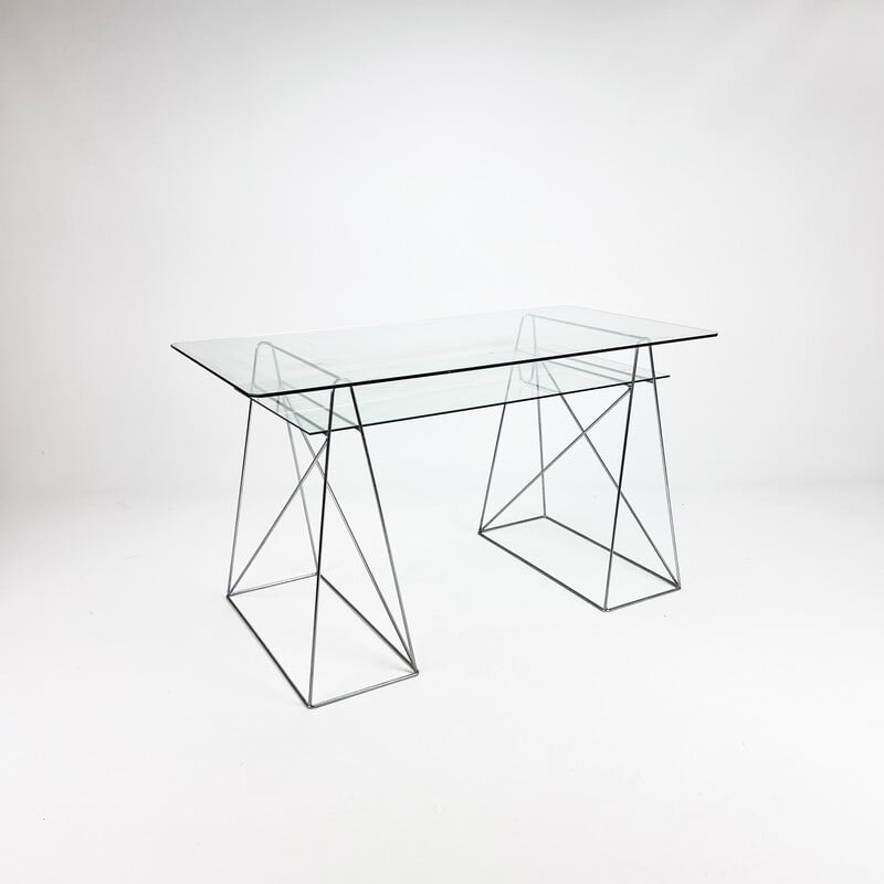 Bureau vintage minimaliste en acier et verre, 1980