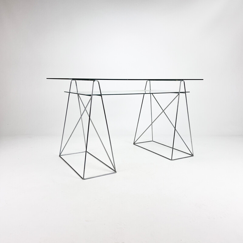 Bureau vintage minimaliste en acier et verre, 1980