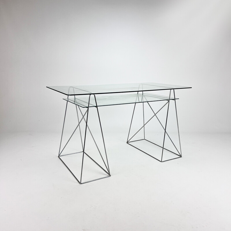 Scrivania vintage minimalista in acciaio e vetro, anni '80