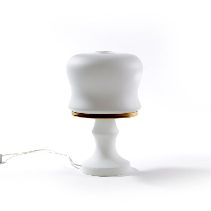 Vintage white glass and brass table lamp by Osvetlovaci Sklo, Czechoslovakia 1970s