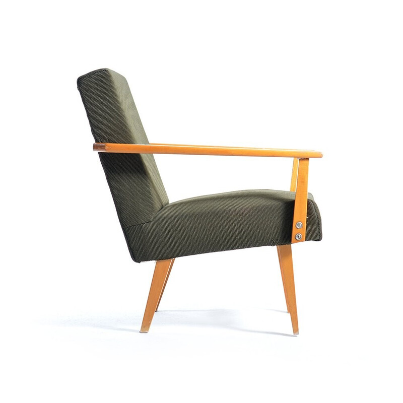 Mid century amrchair in green fabric and beech wood, Czechoslovakia 1960s