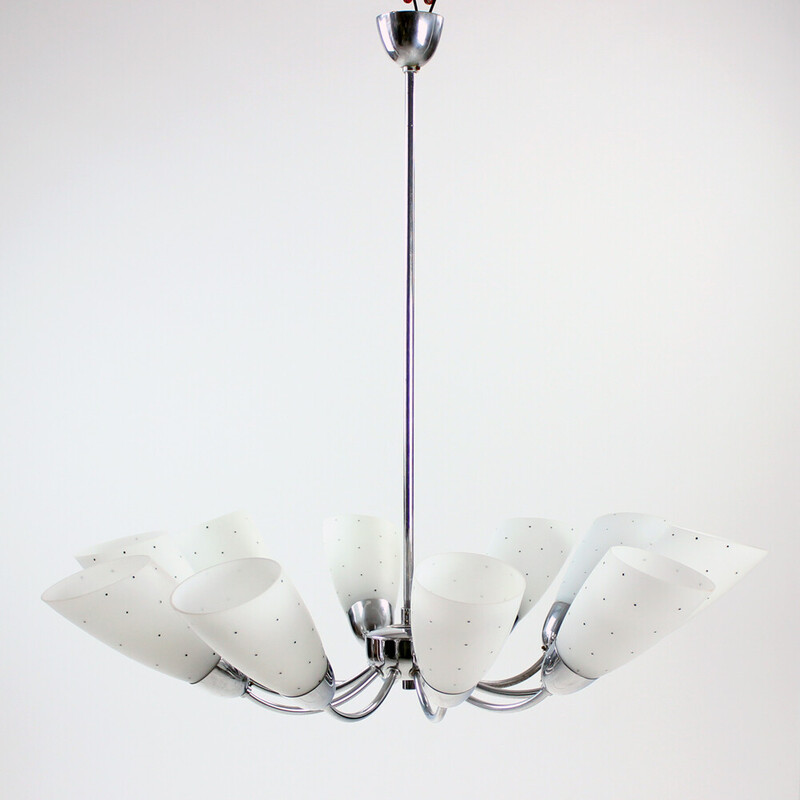 Vintage 10 arm chandelier in chrome and glass, Czechoslovakia 1960s