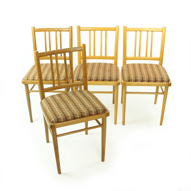 Conjunto de 4 cadeiras de jantar de meados do século em madeira de carvalho e tecido de Ton, Checoslováquia, década de 1960