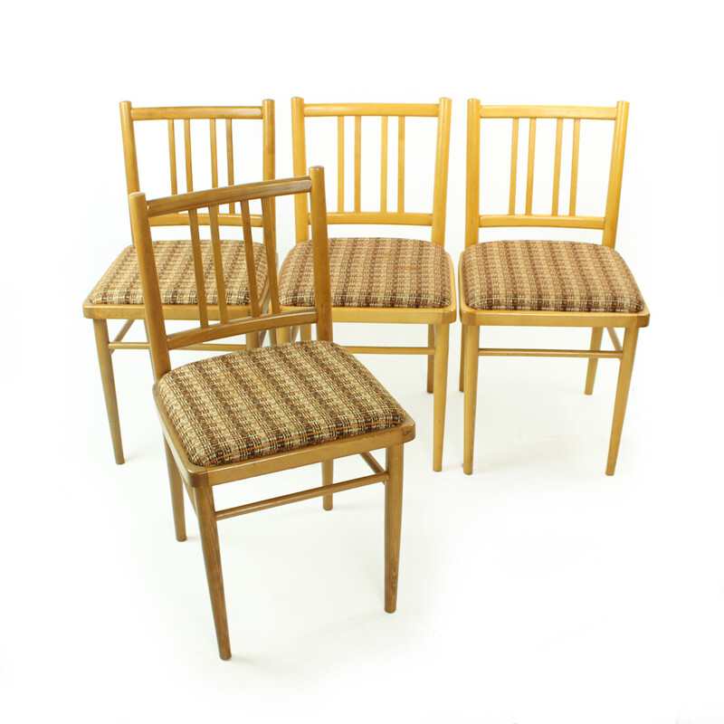 Set of 4 mid century dining chairs in oakwood and fabric by Ton, Czechoslovakia 1960s