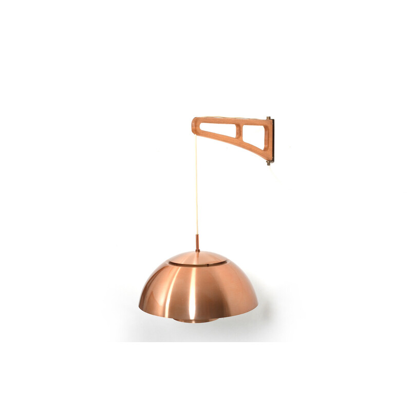 Danish vintage oakwood and copper wall lamp, 1960s