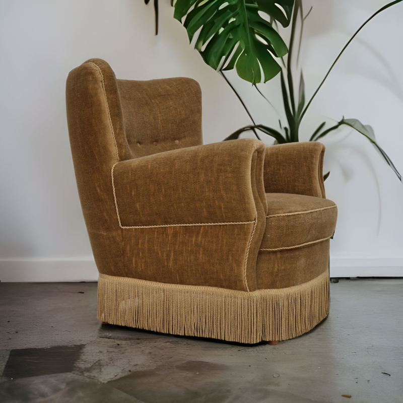 Vintage Danish armchair in velour and beech wood, 1970s