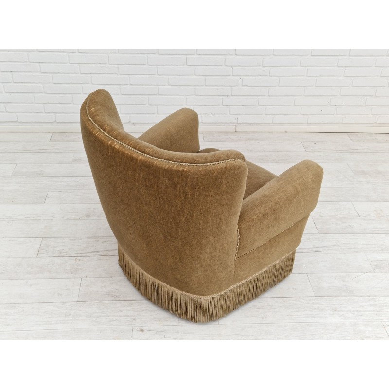 Vintage Danish armchair in velour and beech wood, 1970s