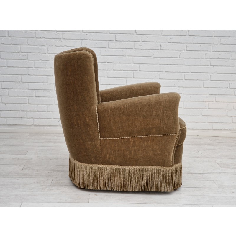 Vintage Danish armchair in velour and beech wood, 1970s