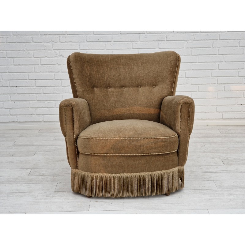 Vintage Danish armchair in velour and beech wood, 1970s