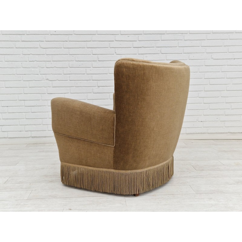 Vintage Danish armchair in velour and beech wood, 1970s