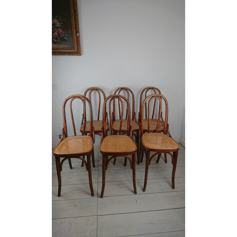 Set of 6 vintage bistro chairs in bentwood and cane, 1900