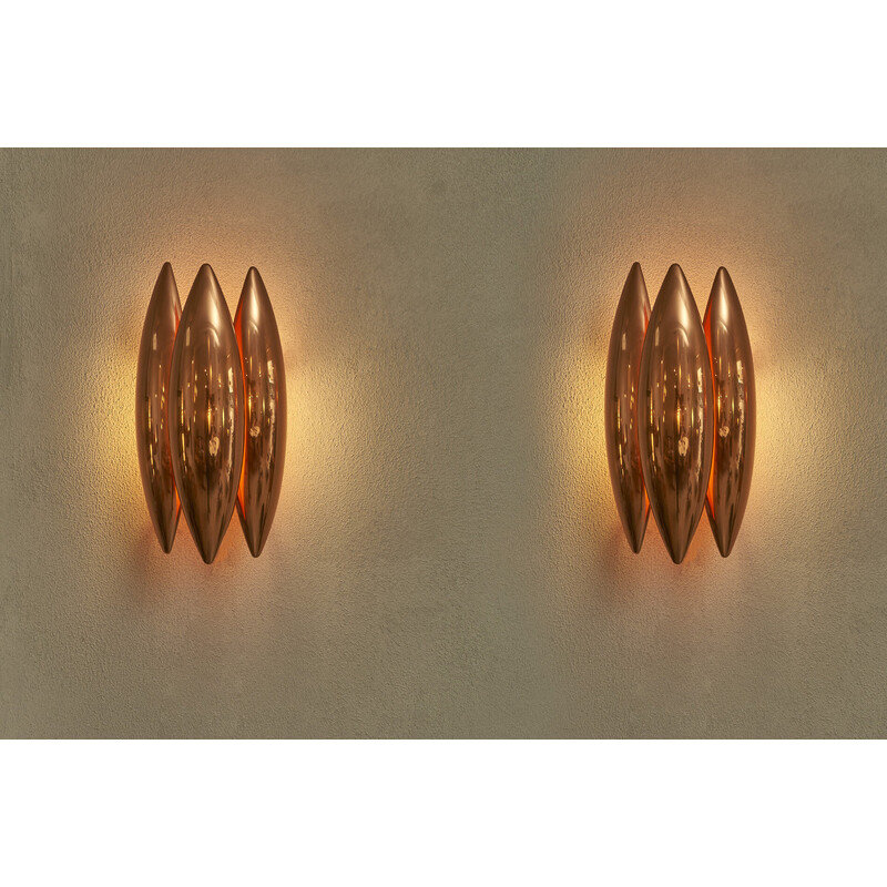 Pair of vintage Kastor wall lamps in copper by Jo Hammerborg for Fog and Mørup, Denmark 1960s