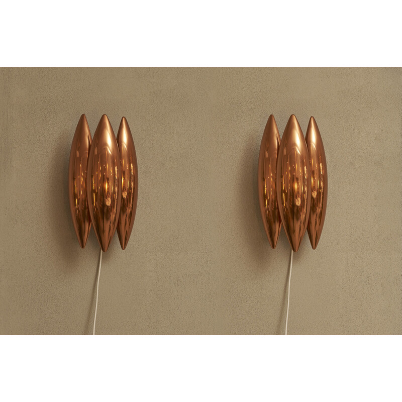 Pair of vintage Kastor wall lamps in copper by Jo Hammerborg for Fog and Mørup, Denmark 1960s