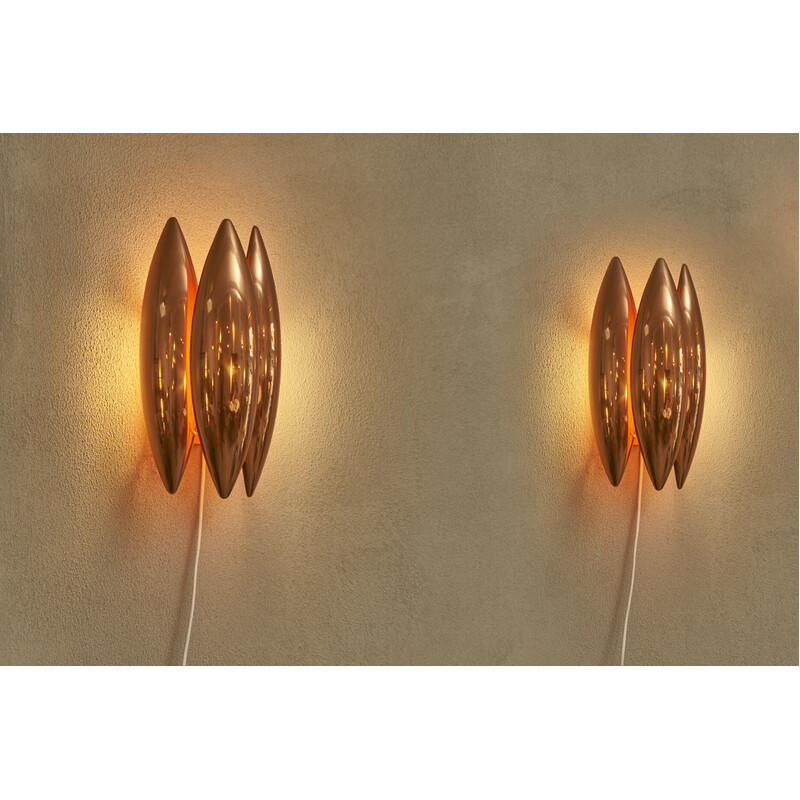 Pair of vintage Kastor wall lamps in copper by Jo Hammerborg for Fog and Mørup, Denmark 1960s