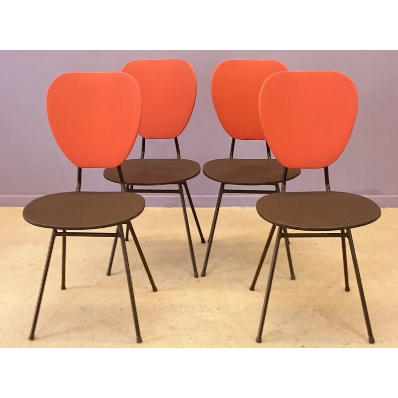 Set of 4 chairs with red and black compass feet - 1960s