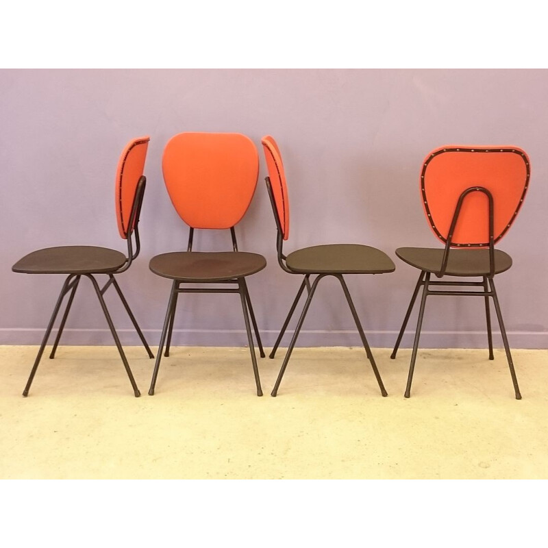 Set of 4 chairs with red and black compass feet - 1960s