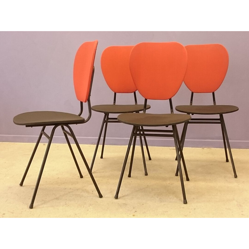 Set of 4 chairs with red and black compass feet - 1960s