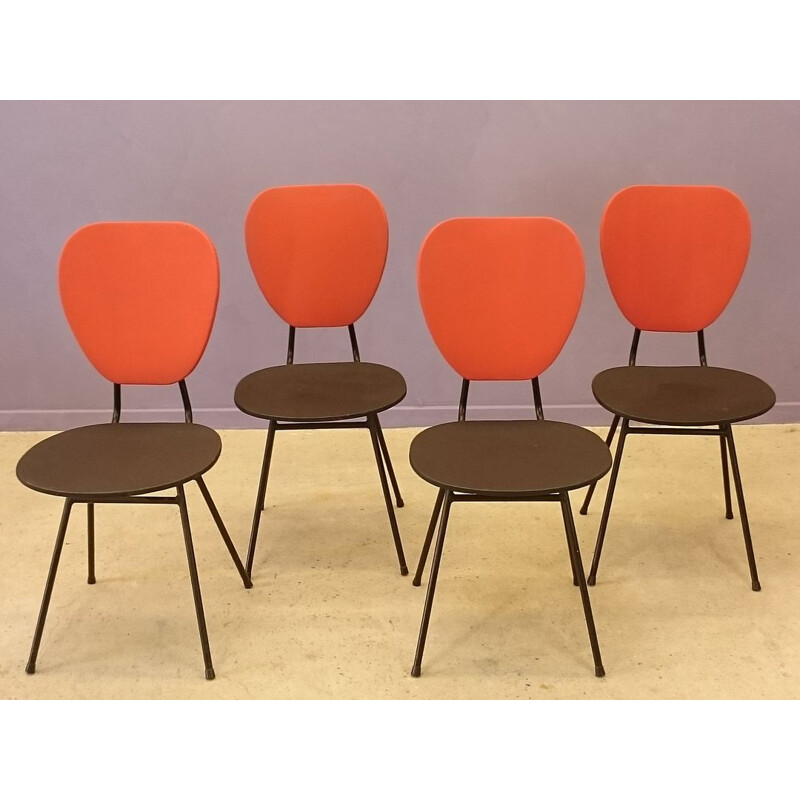 Set of 4 chairs with red and black compass feet - 1960s