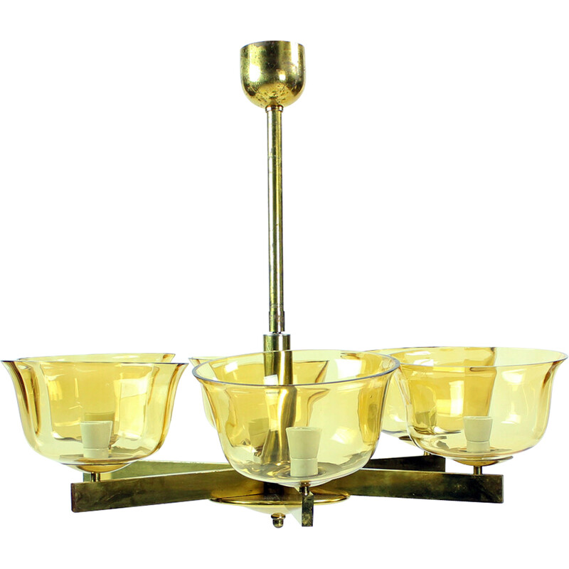 Art Deco vintage chandelier in brass with 2 glass shields, Germany 1940s