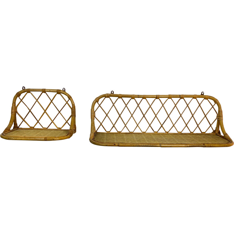 Pair of vintage wall shelves in rattan, 1970