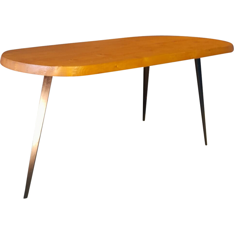 Vintage pine and steel tripod table, 1960